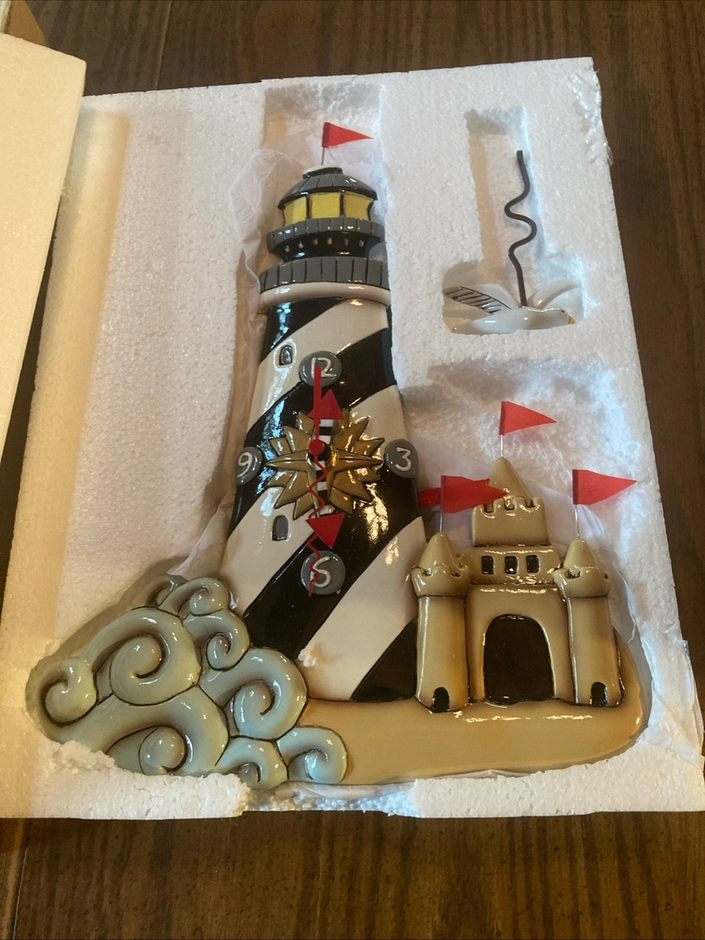 Striped Lighthouse Wall battery wall pendulum clock with Sandcastle Accent  NiB
